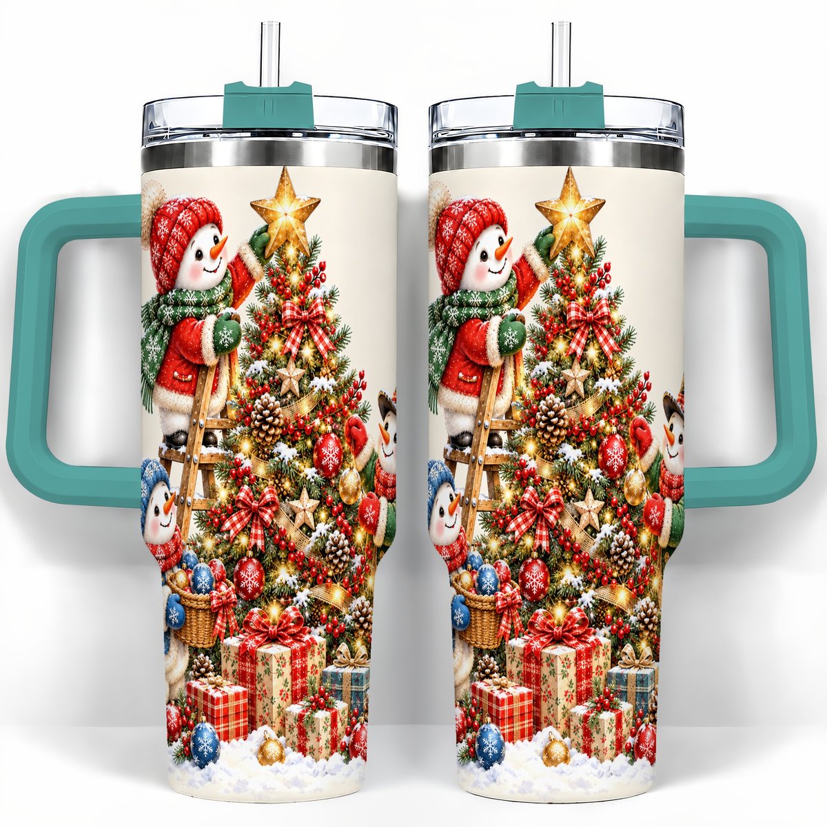 #pl[40oz|Green] Snowman Christmas Tree 40oz Tumbler with Handle, Holiday Travel Cup