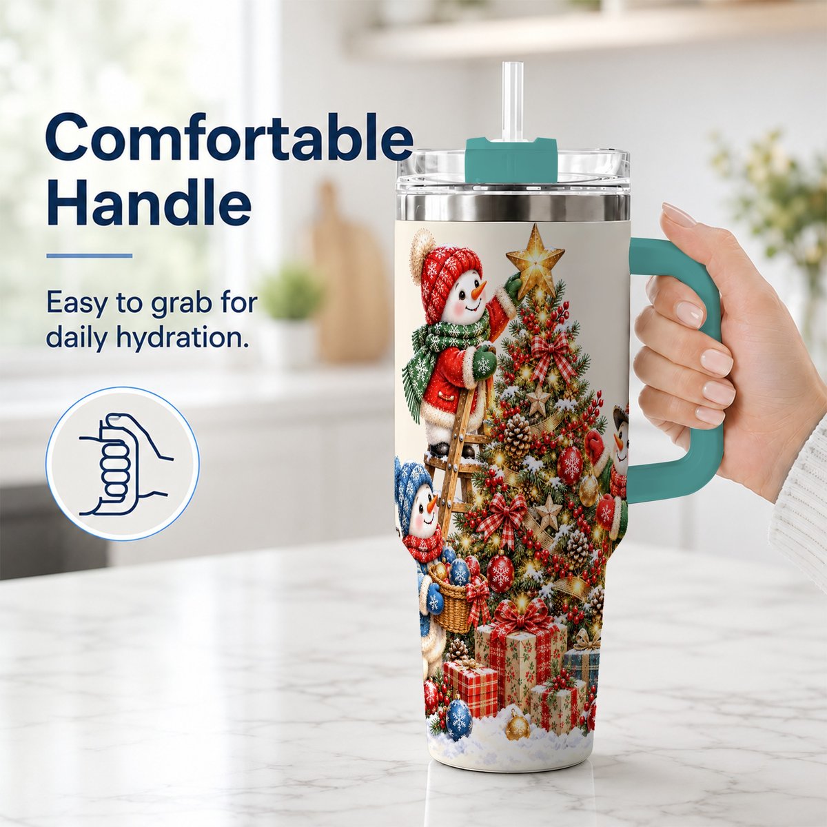 #pl[40oz|Green] Snowman Christmas Tree 40oz Tumbler with Handle, Holiday Travel Cup
