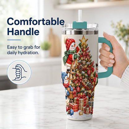 #pl[40oz|Green] Snowman Christmas Tree 40oz Tumbler with Handle, Holiday Travel Cup