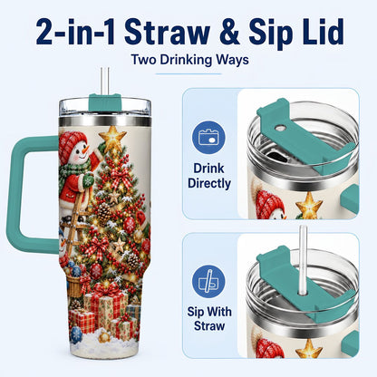 #pl[40oz|Green] Snowman Christmas Tree 40oz Tumbler with Handle, Holiday Travel Cup