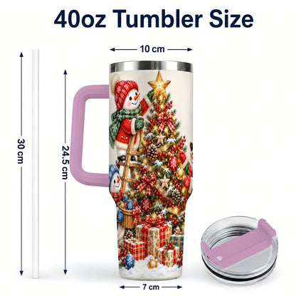 #pl[40oz|Pink] Snowman Christmas Tree 40oz Tumbler with Handle, Holiday Travel Cup