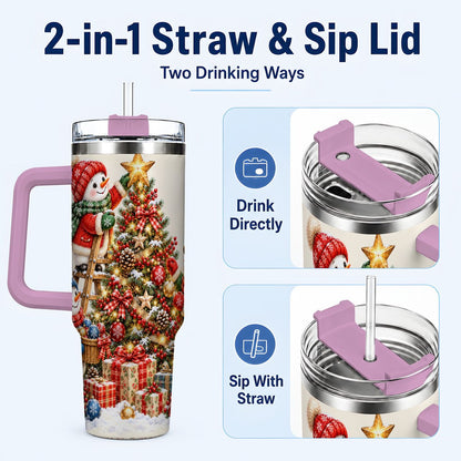 #pl[40oz|Pink] Snowman Christmas Tree 40oz Tumbler with Handle, Holiday Travel Cup