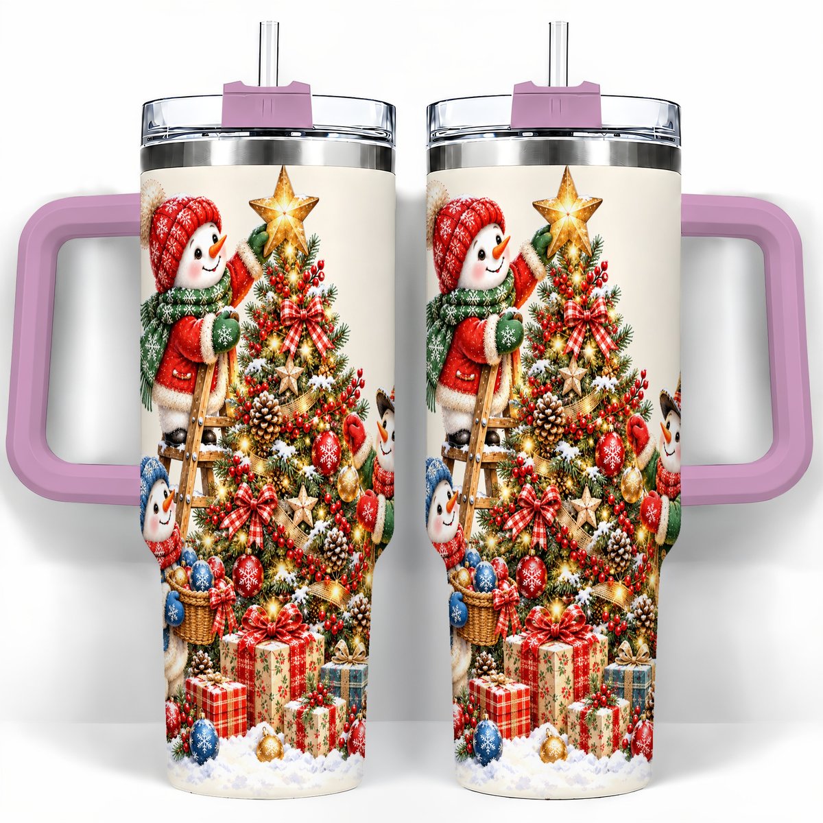 #pl[40oz|Pink] Snowman Christmas Tree 40oz Tumbler with Handle, Holiday Travel Cup