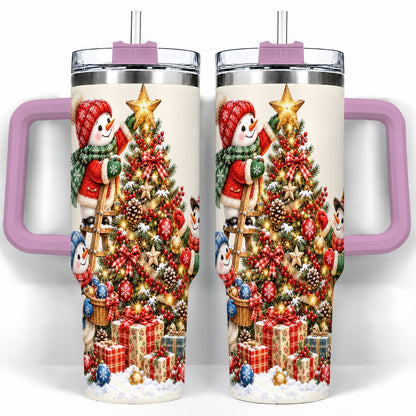 #pl[40oz|Pink] Snowman Christmas Tree 40oz Tumbler with Handle, Holiday Travel Cup