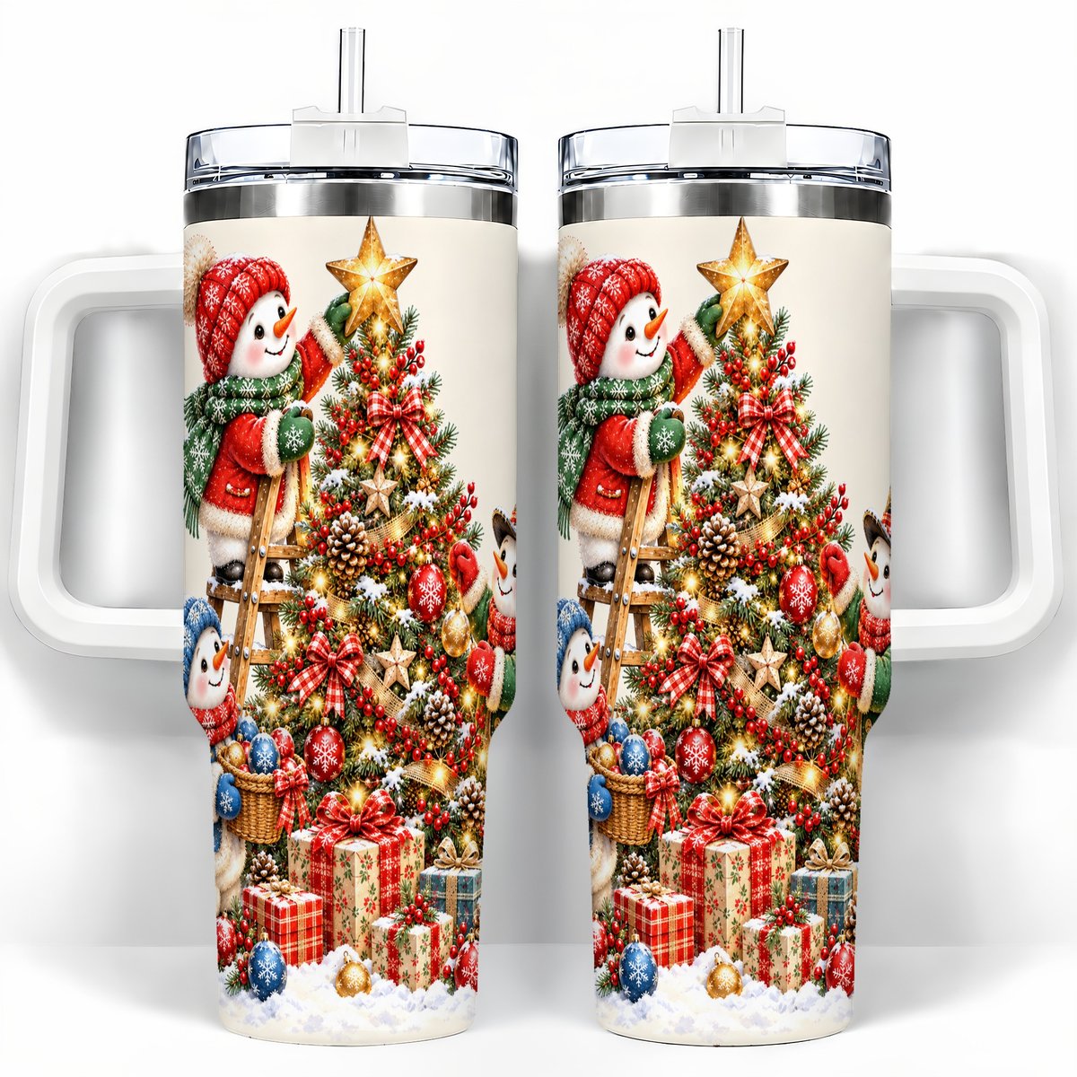 Snowman Christmas Tree 40oz Tumbler with Handle, Holiday Travel Cup