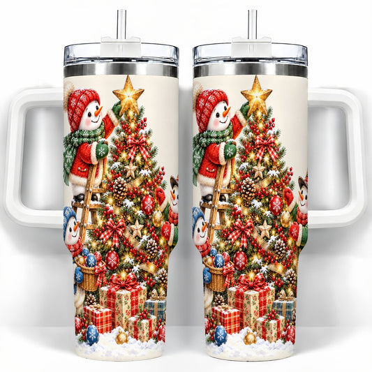 Snowman Christmas Tree 40oz Tumbler with Handle, Holiday Travel Cup