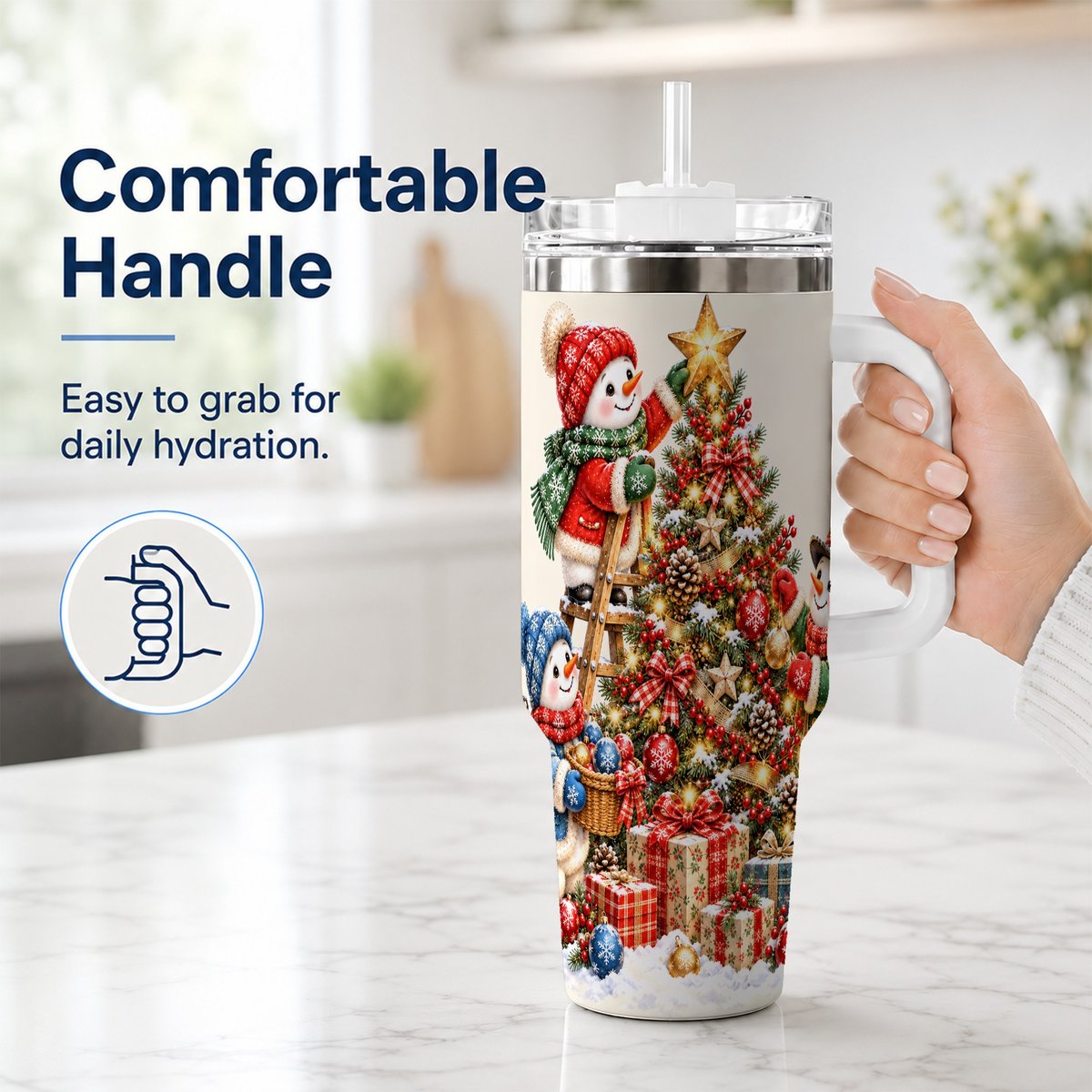 #pl[40oz|White] Snowman Christmas Tree 40oz Tumbler with Handle, Holiday Travel Cup