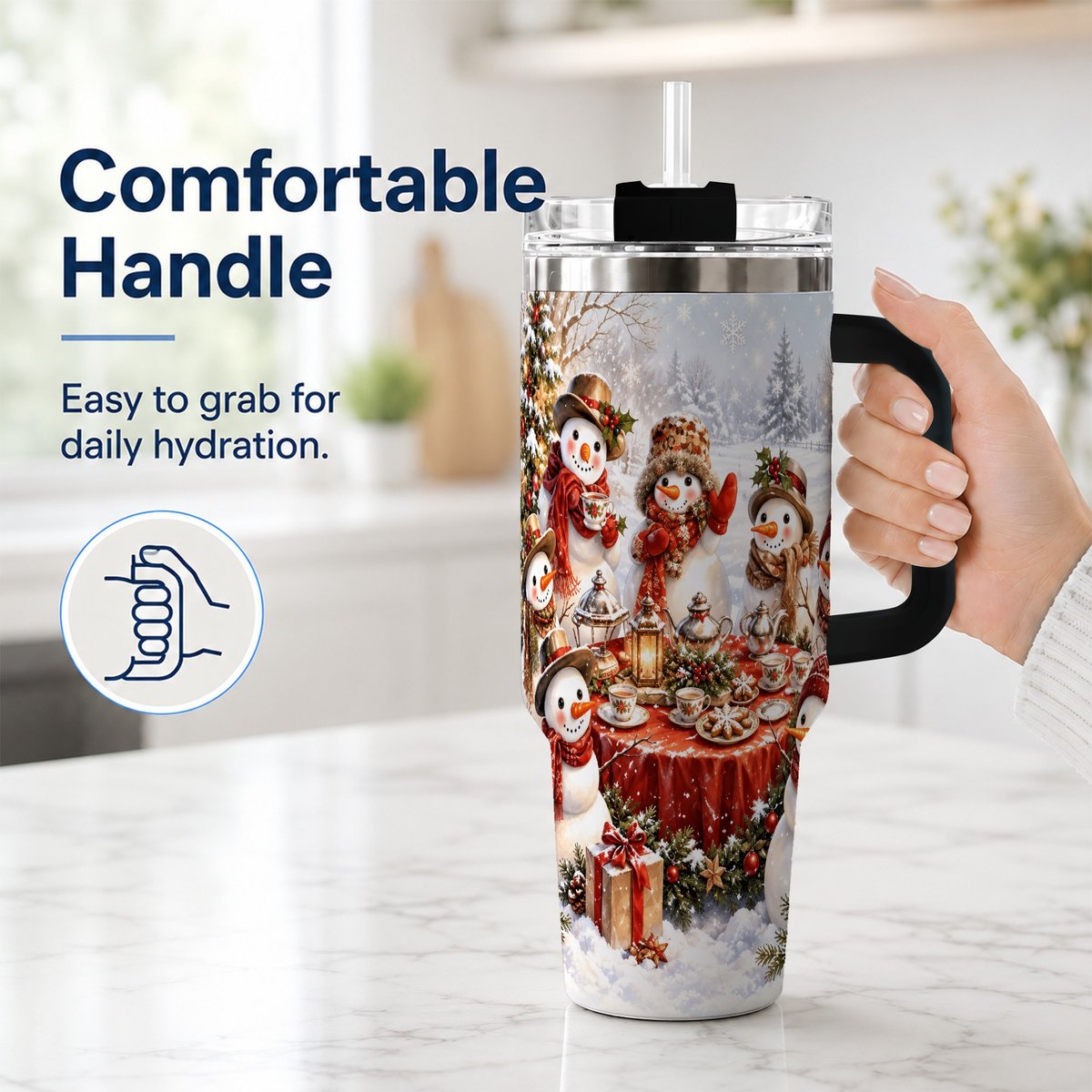 #pl[40oz|Black] Snowman Tea Party 40oz Tumbler with Handle, Christmas Travel Cup