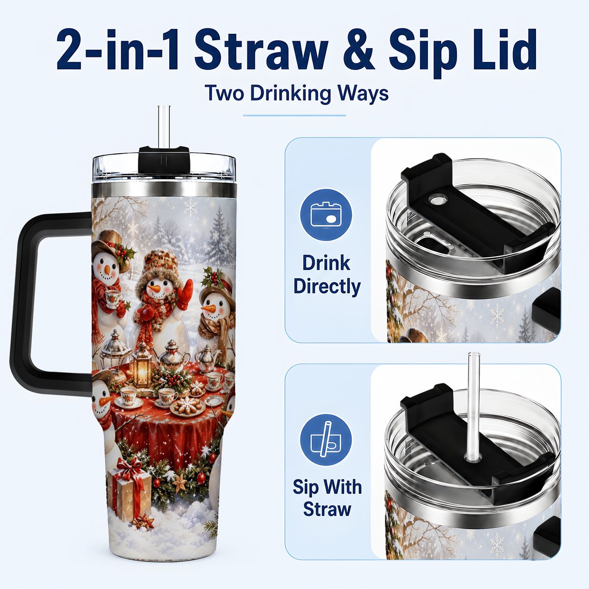 #pl[40oz|Black] Snowman Tea Party 40oz Tumbler with Handle, Christmas Travel Cup