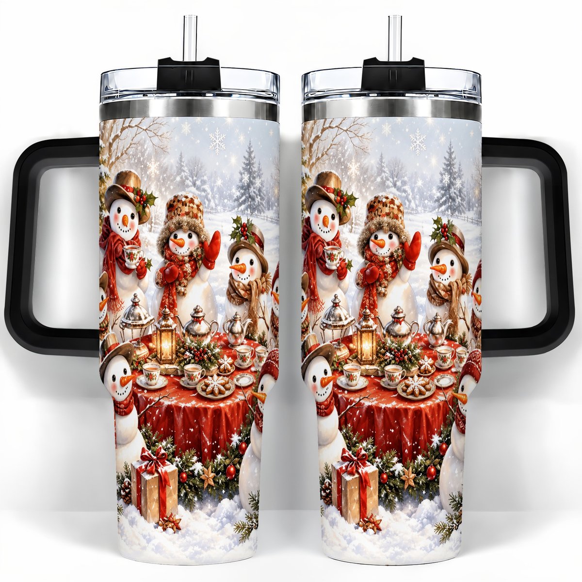 #pl[40oz|Black] Snowman Tea Party 40oz Tumbler with Handle, Christmas Travel Cup
