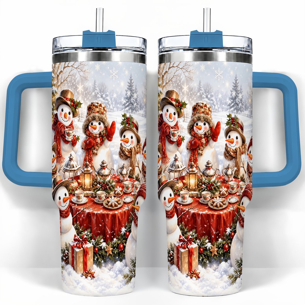#pl[40oz|Blue] Snowman Tea Party 40oz Tumbler with Handle, Christmas Travel Cup