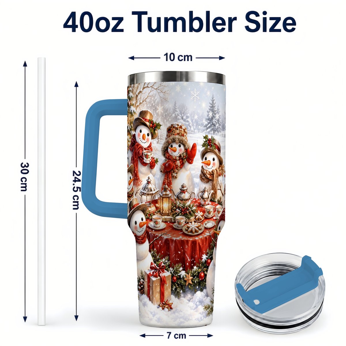 #pl[40oz|Blue] Snowman Tea Party 40oz Tumbler with Handle, Christmas Travel Cup
