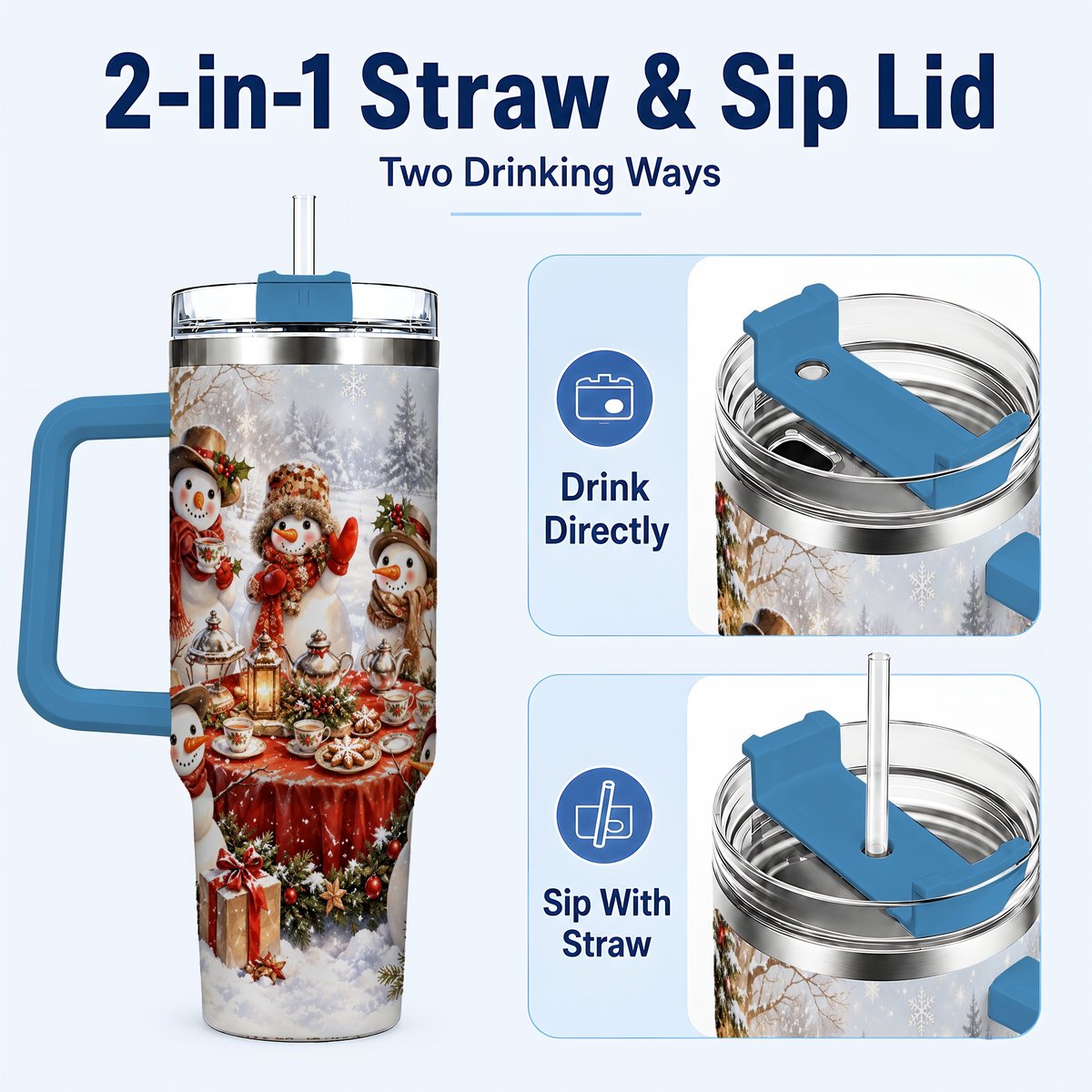 #pl[40oz|Blue] Snowman Tea Party 40oz Tumbler with Handle, Christmas Travel Cup