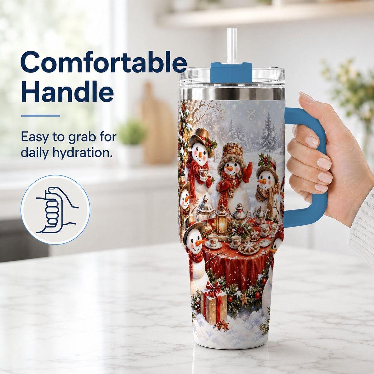 #pl[40oz|Blue] Snowman Tea Party 40oz Tumbler with Handle, Christmas Travel Cup