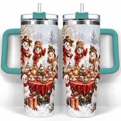 #pl[40oz|Green] Snowman Tea Party 40oz Tumbler with Handle, Christmas Travel Cup