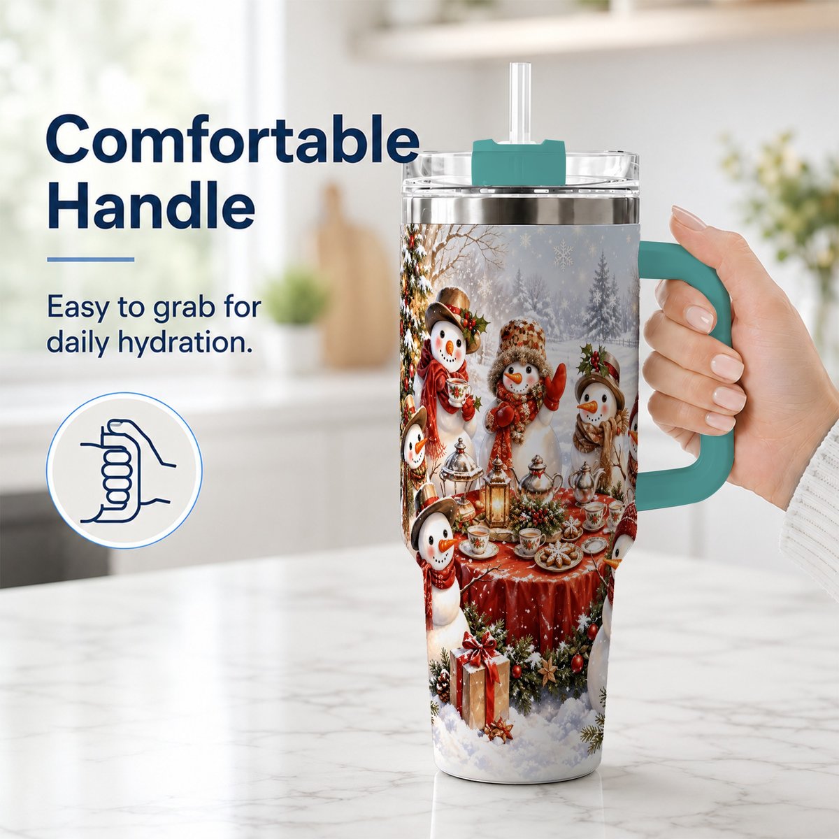 #pl[40oz|Green] Snowman Tea Party 40oz Tumbler with Handle, Christmas Travel Cup