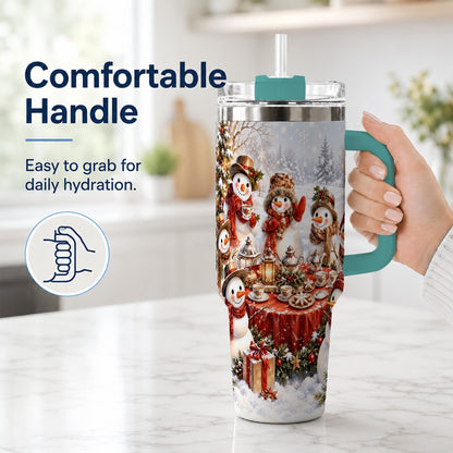 #pl[40oz|Green] Snowman Tea Party 40oz Tumbler with Handle, Christmas Travel Cup