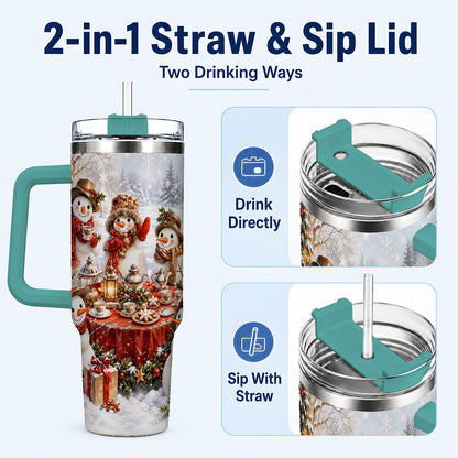 #pl[40oz|Green] Snowman Tea Party 40oz Tumbler with Handle, Christmas Travel Cup