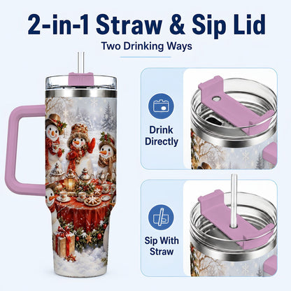 #pl[40oz|Pink] Snowman Tea Party 40oz Tumbler with Handle, Christmas Travel Cup