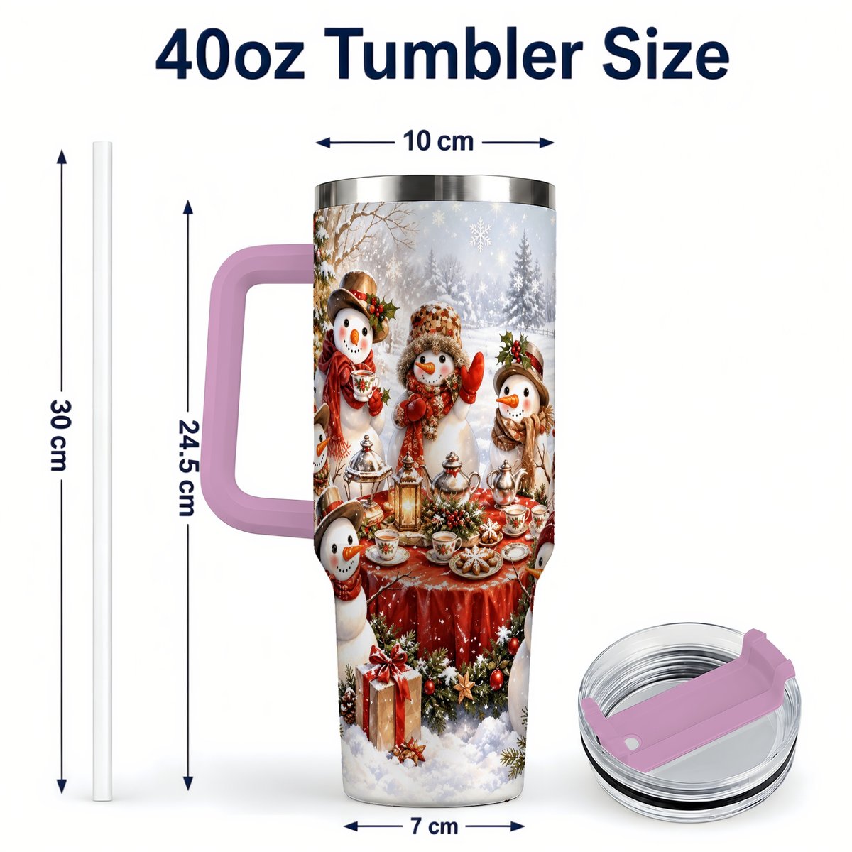 #pl[40oz|Pink] Snowman Tea Party 40oz Tumbler with Handle, Christmas Travel Cup