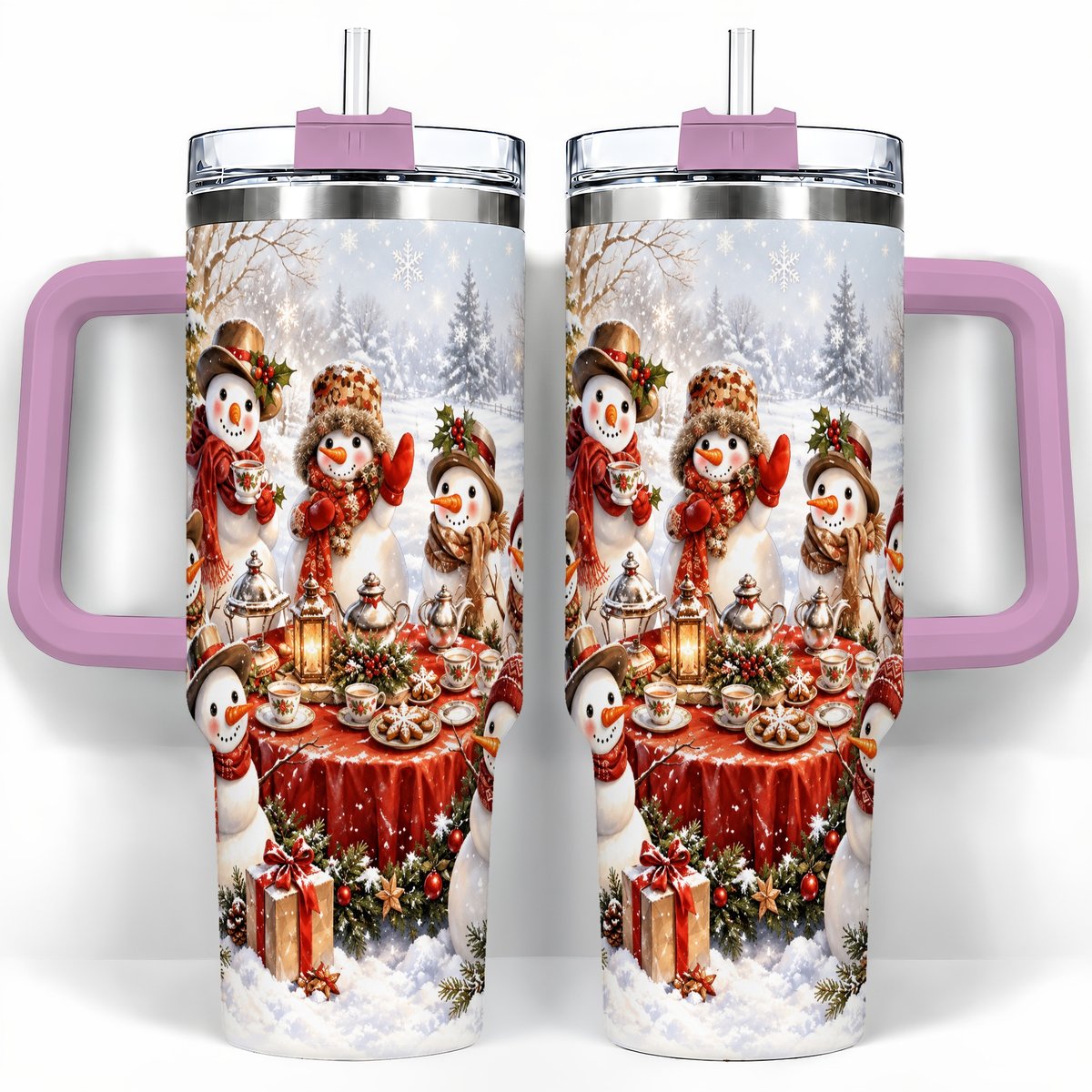 #pl[40oz|Pink] Snowman Tea Party 40oz Tumbler with Handle, Christmas Travel Cup