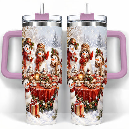 #pl[40oz|Pink] Snowman Tea Party 40oz Tumbler with Handle, Christmas Travel Cup