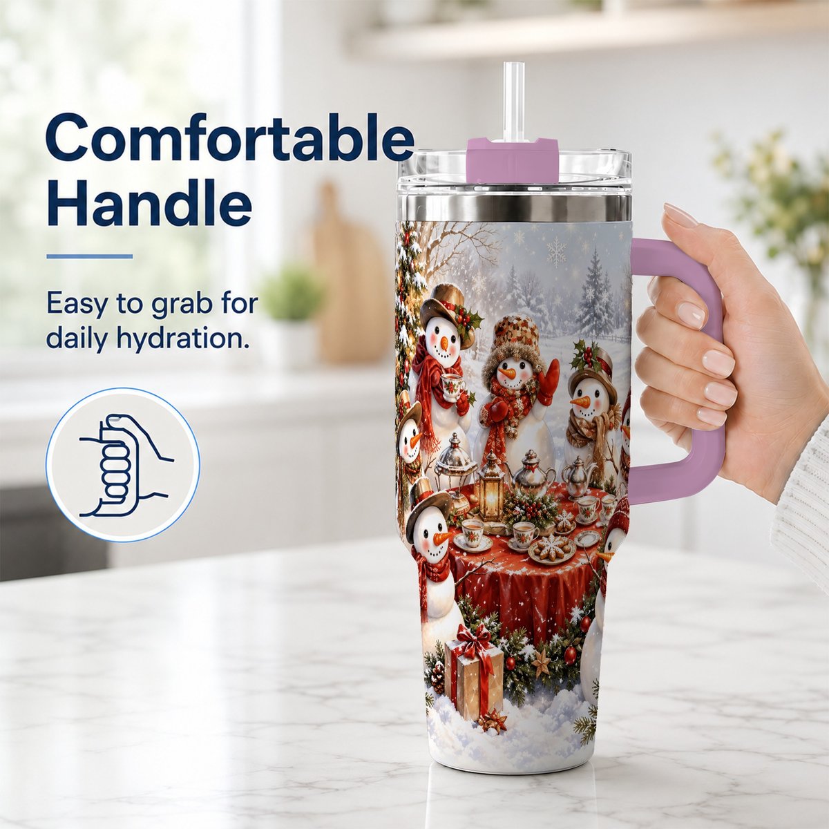 #pl[40oz|Pink] Snowman Tea Party 40oz Tumbler with Handle, Christmas Travel Cup