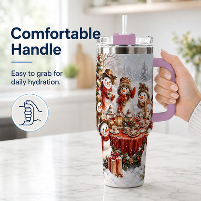 #pl[40oz|Pink] Snowman Tea Party 40oz Tumbler with Handle, Christmas Travel Cup