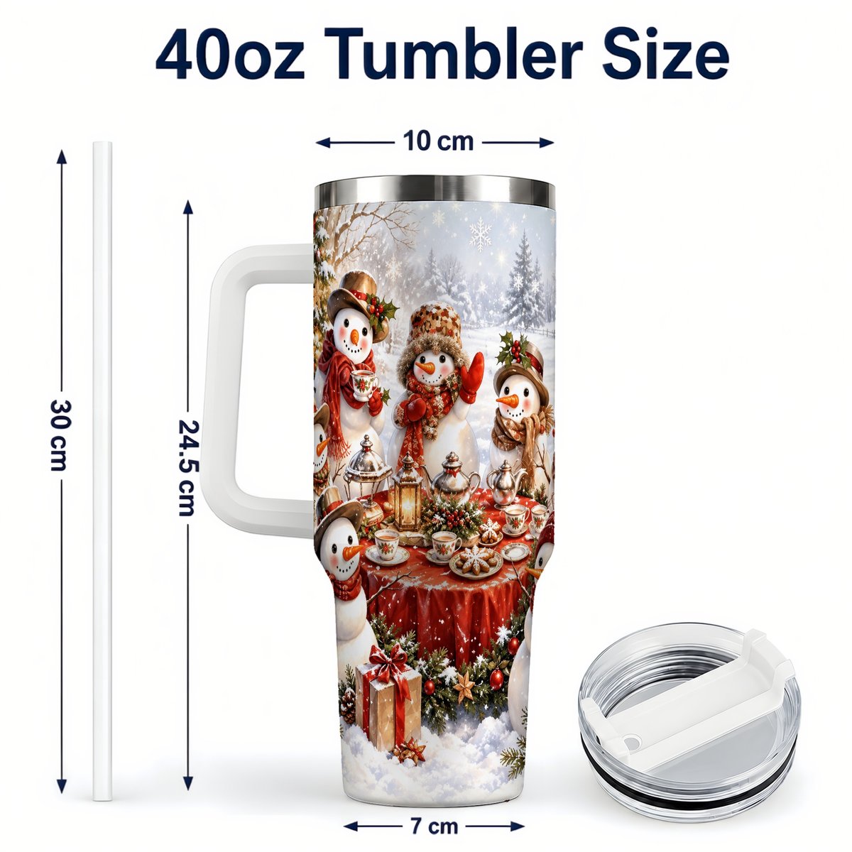 #pl[40oz|White] Snowman Tea Party 40oz Tumbler with Handle, Christmas Travel Cup
