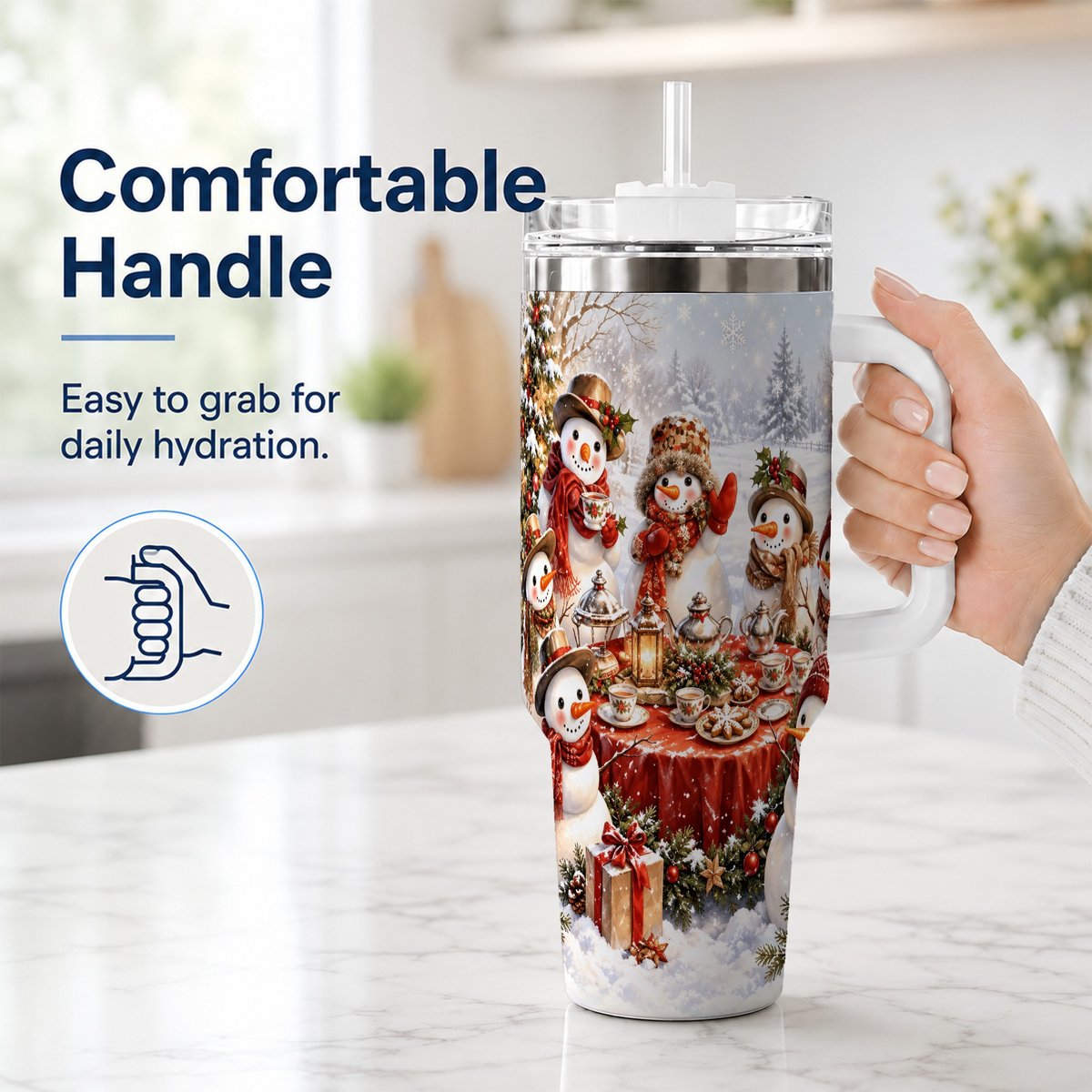 #pl[40oz|White] Snowman Tea Party 40oz Tumbler with Handle, Christmas Travel Cup