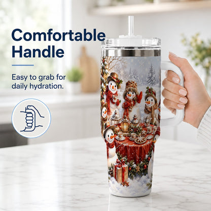 #pl[40oz|White] Snowman Tea Party 40oz Tumbler with Handle, Christmas Travel Cup