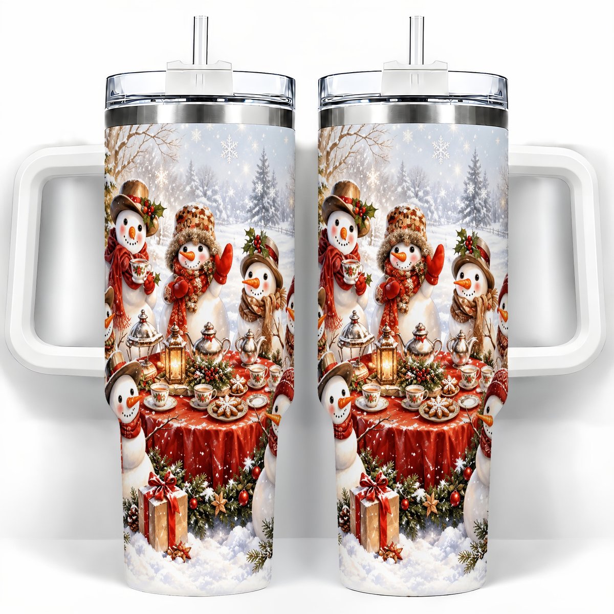 Snowman Tea Party 40oz Tumbler with Handle, Christmas Travel Cup