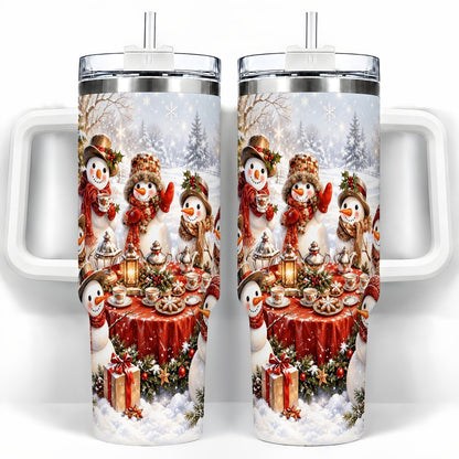 Snowman Tea Party 40oz Tumbler with Handle, Christmas Travel Cup
