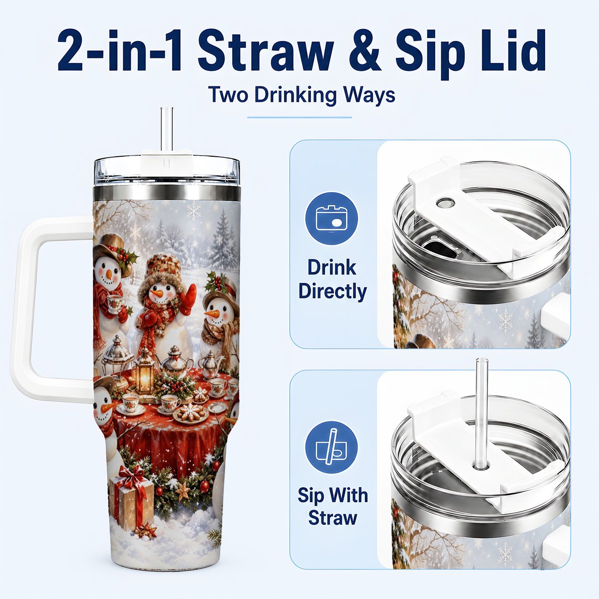 #pl[40oz|White] Snowman Tea Party 40oz Tumbler with Handle, Christmas Travel Cup