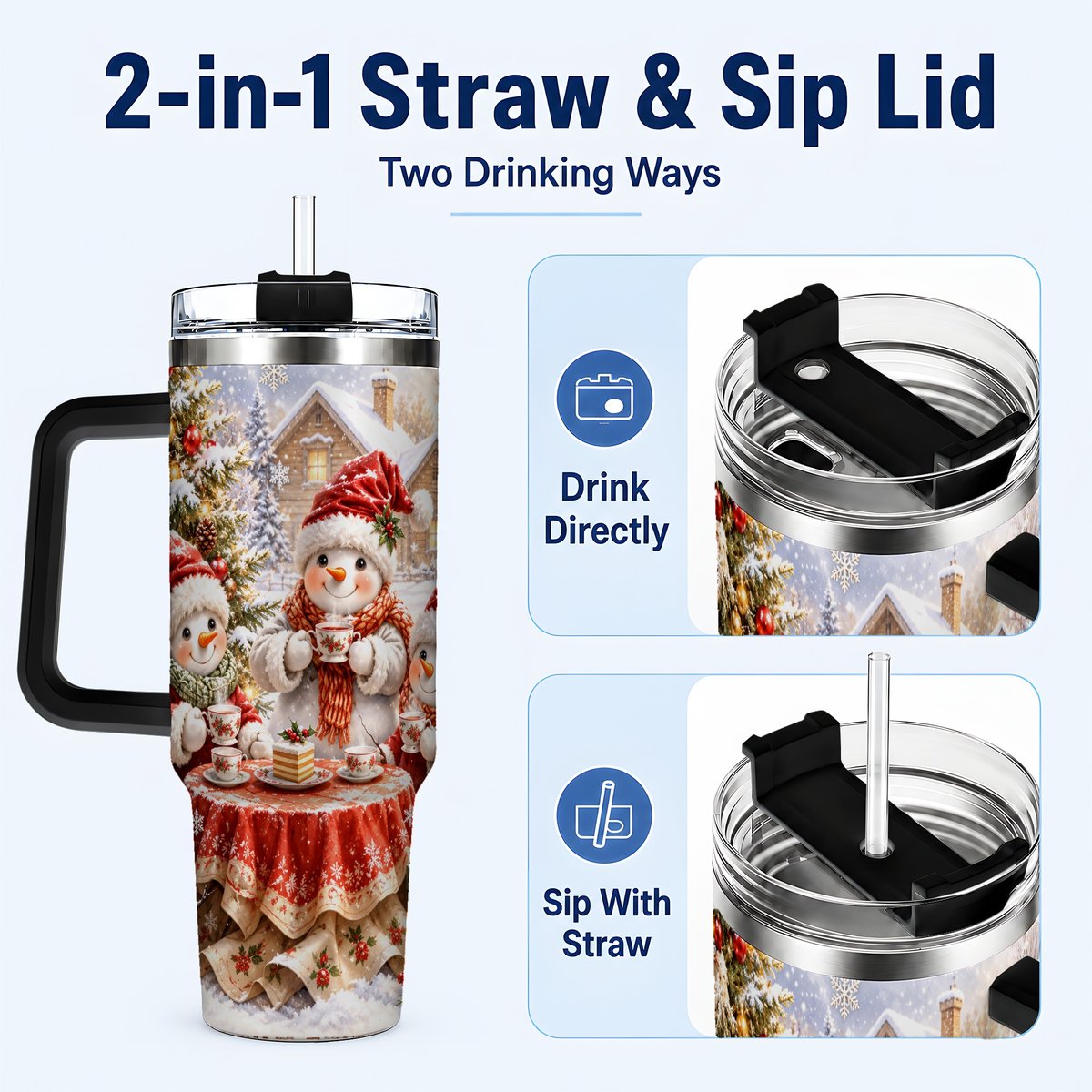 #pl[40oz|Black] Snowman Christmas Tea 40oz Tumbler with Handle, Winter Travel Cup