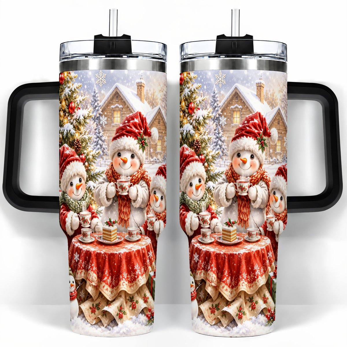 #pl[40oz|Black] Snowman Christmas Tea 40oz Tumbler with Handle, Winter Travel Cup