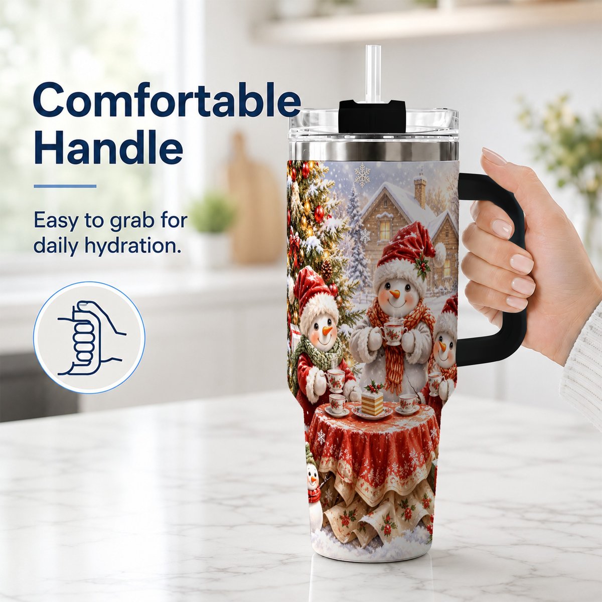 #pl[40oz|Black] Snowman Christmas Tea 40oz Tumbler with Handle, Winter Travel Cup