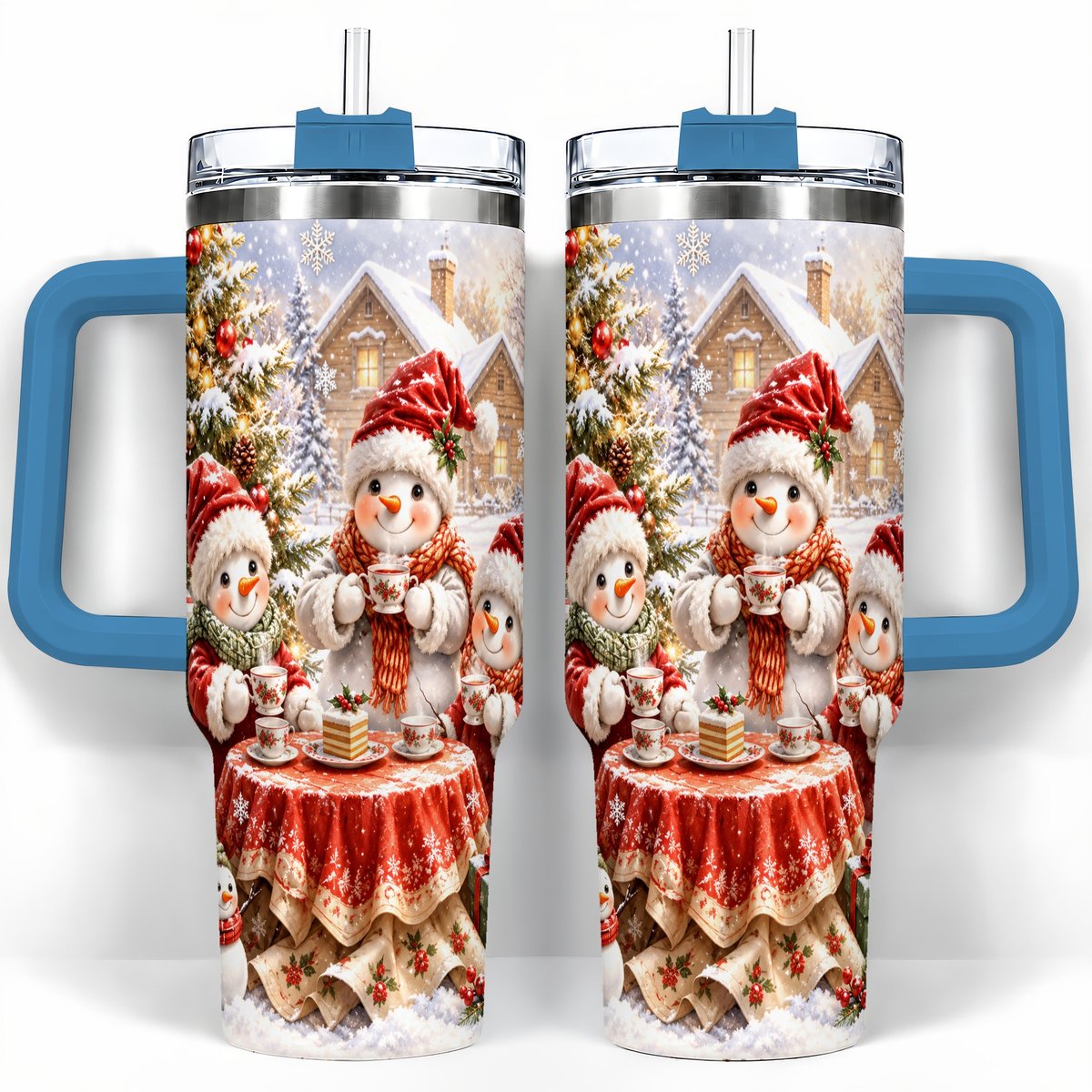 #pl[40oz|Blue] Snowman Christmas Tea 40oz Tumbler with Handle, Winter Travel Cup