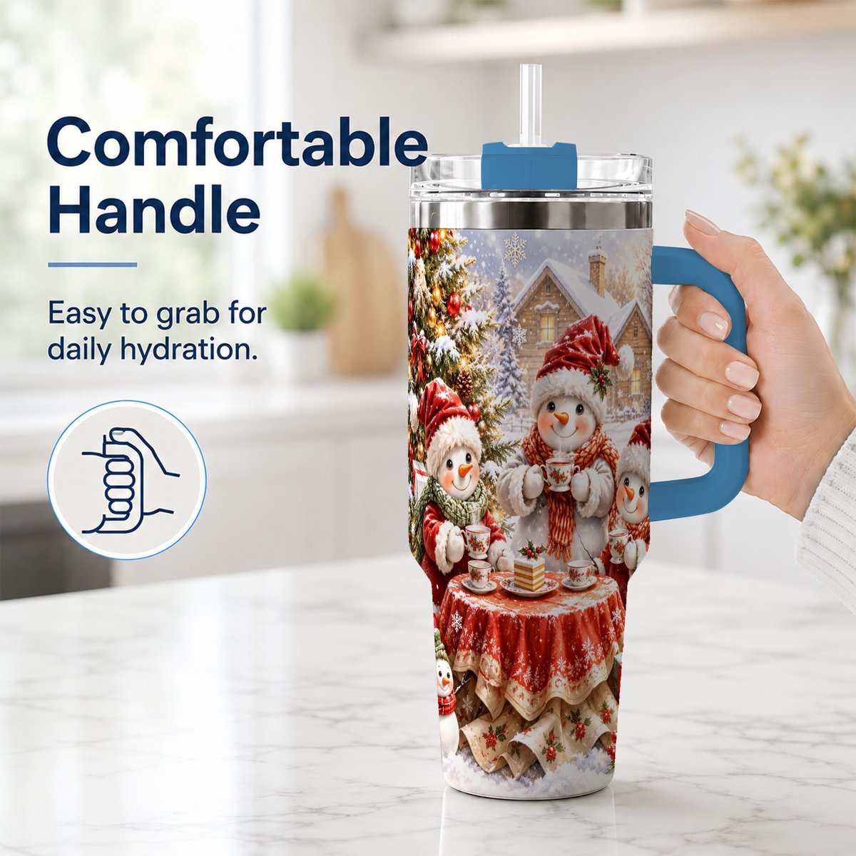 #pl[40oz|Blue] Snowman Christmas Tea 40oz Tumbler with Handle, Winter Travel Cup