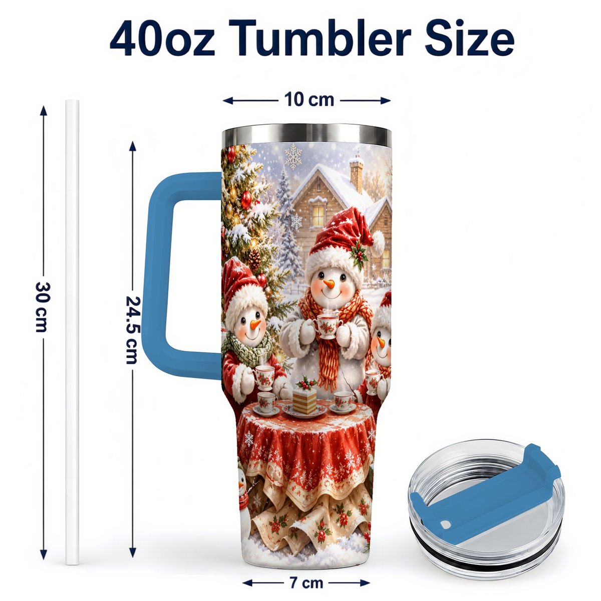 #pl[40oz|Blue] Snowman Christmas Tea 40oz Tumbler with Handle, Winter Travel Cup