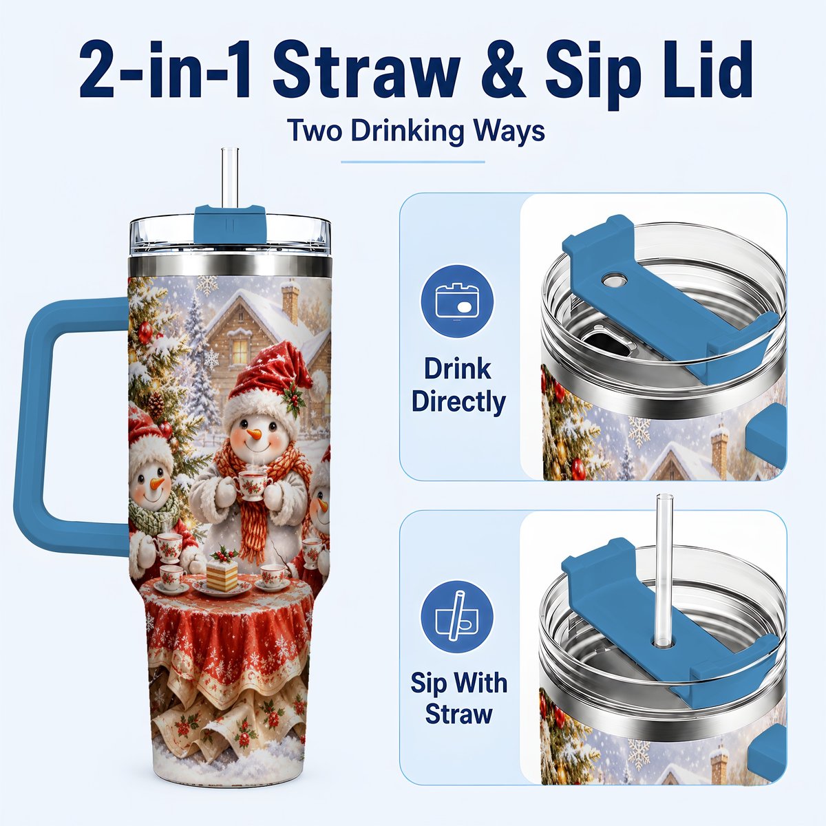 #pl[40oz|Blue] Snowman Christmas Tea 40oz Tumbler with Handle, Winter Travel Cup