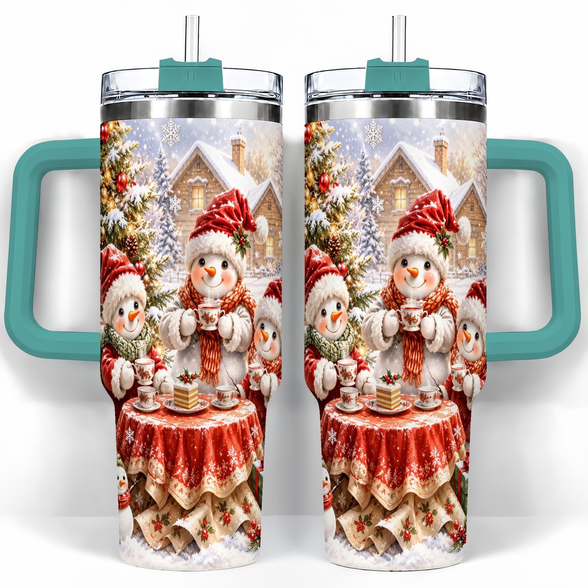 #pl[40oz|Green] Snowman Christmas Tea 40oz Tumbler with Handle, Winter Travel Cup
