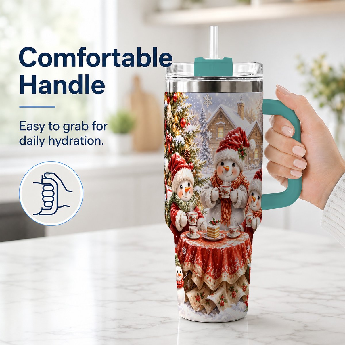 #pl[40oz|Green] Snowman Christmas Tea 40oz Tumbler with Handle, Winter Travel Cup