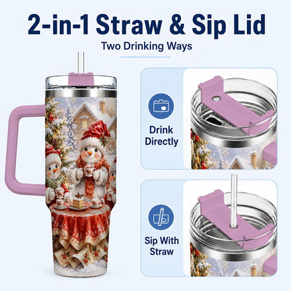 #pl[40oz|Pink] Snowman Christmas Tea 40oz Tumbler with Handle, Winter Travel Cup