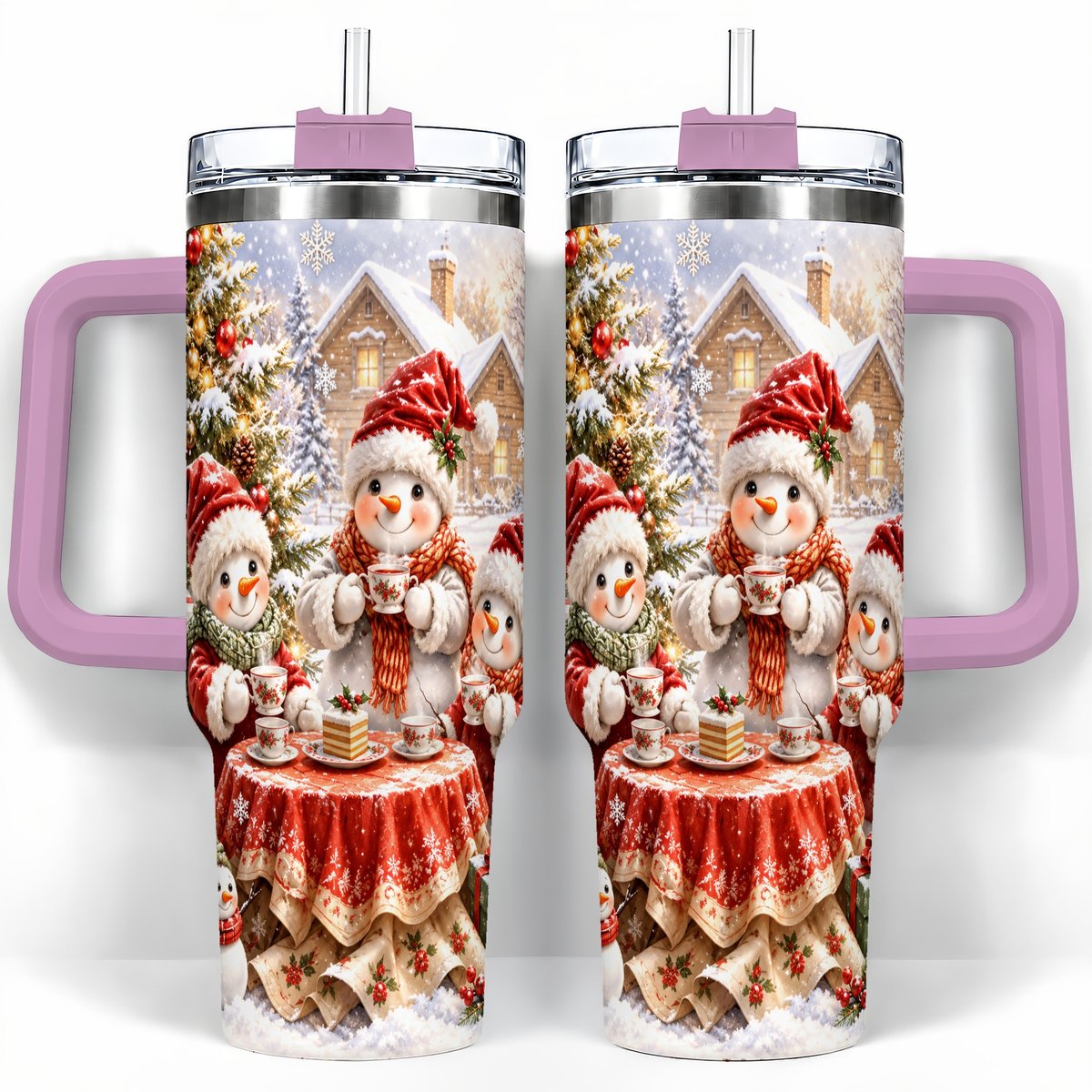 #pl[40oz|Pink] Snowman Christmas Tea 40oz Tumbler with Handle, Winter Travel Cup