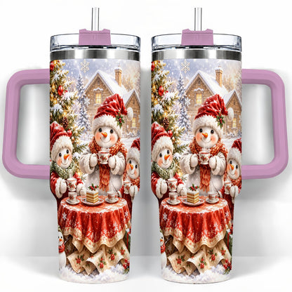 #pl[40oz|Pink] Snowman Christmas Tea 40oz Tumbler with Handle, Winter Travel Cup