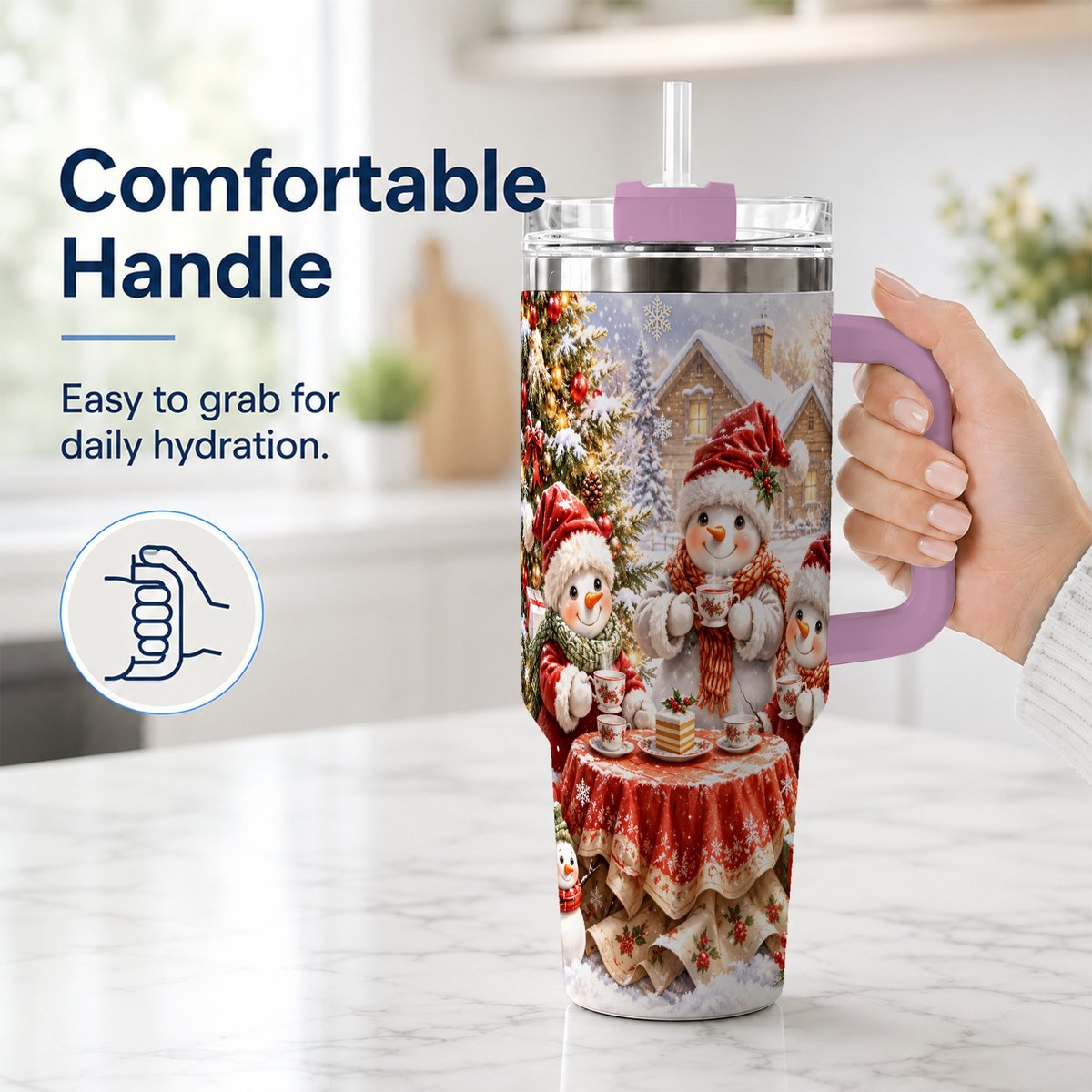 #pl[40oz|Pink] Snowman Christmas Tea 40oz Tumbler with Handle, Winter Travel Cup