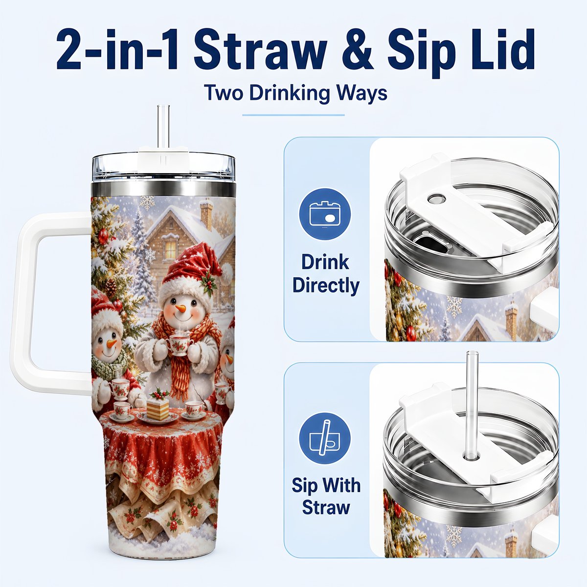 #pl[40oz|White] Snowman Christmas Tea 40oz Tumbler with Handle, Winter Travel Cup