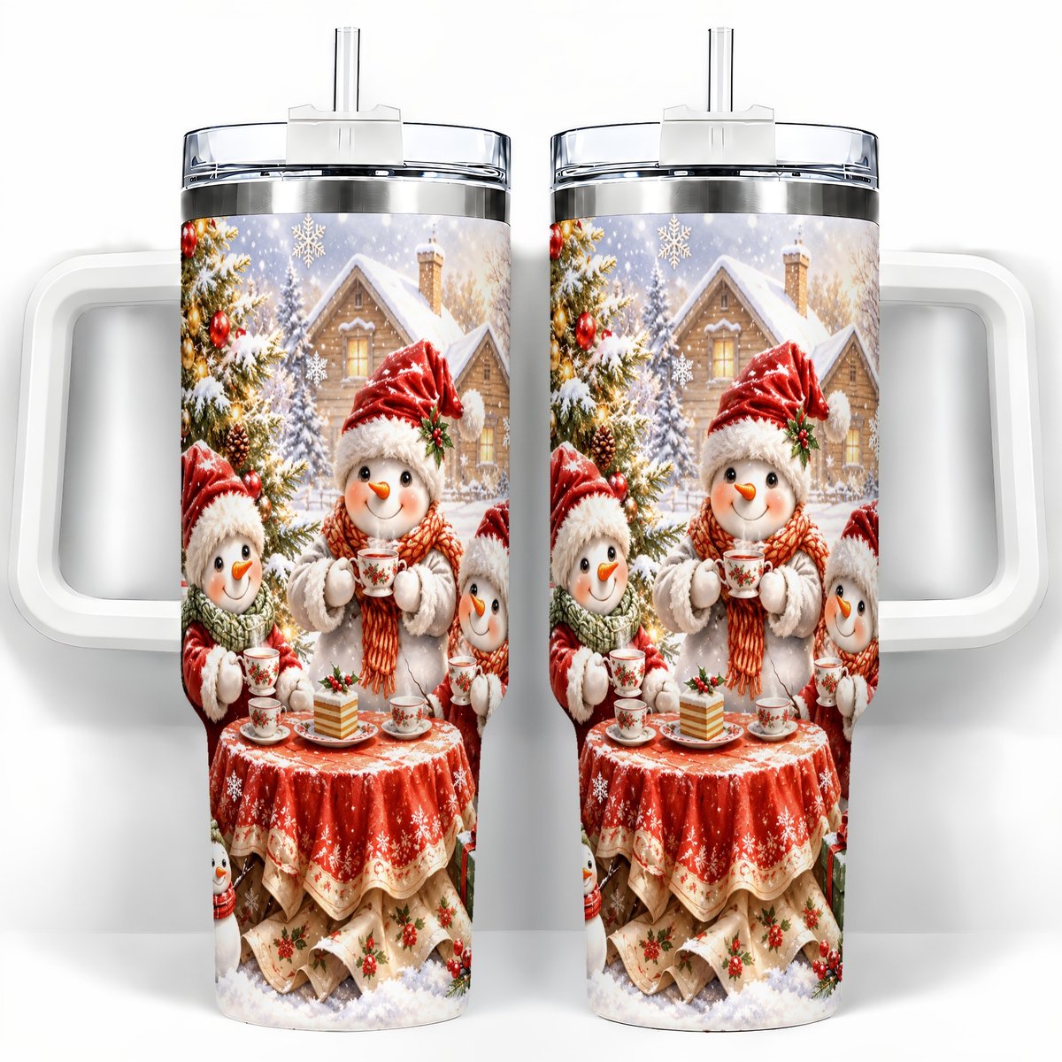 Snowman Christmas Tea 40oz Tumbler with Handle, Winter Travel Cup