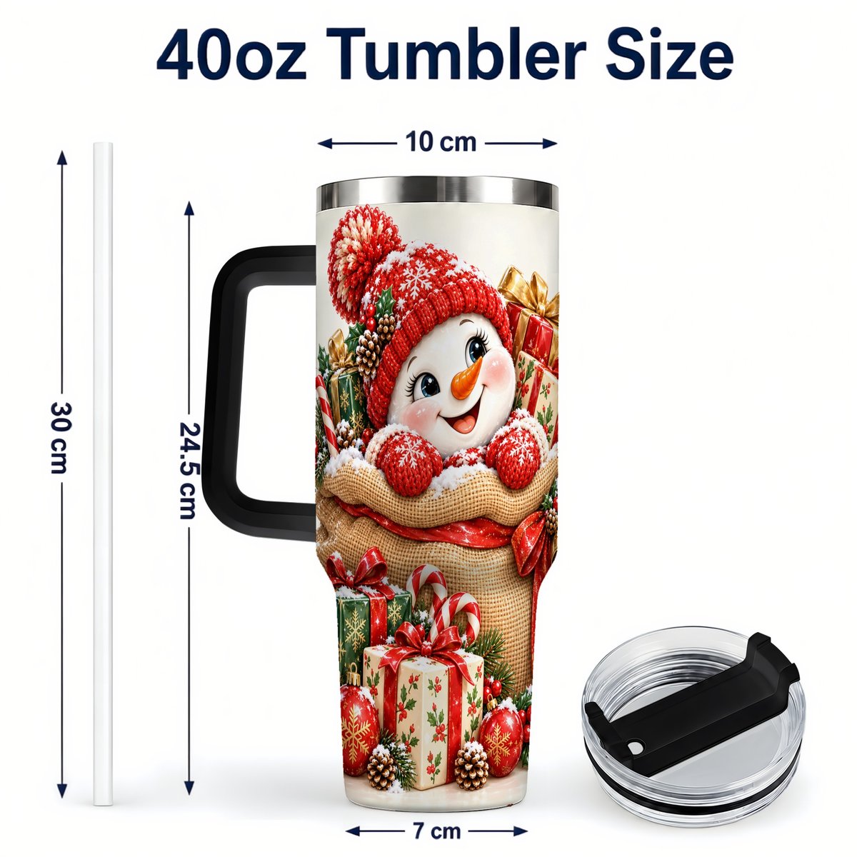 #pl[40oz|Black] Snowman Christmas Sack 40oz Tumbler with Handle, Holiday Travel Cup
